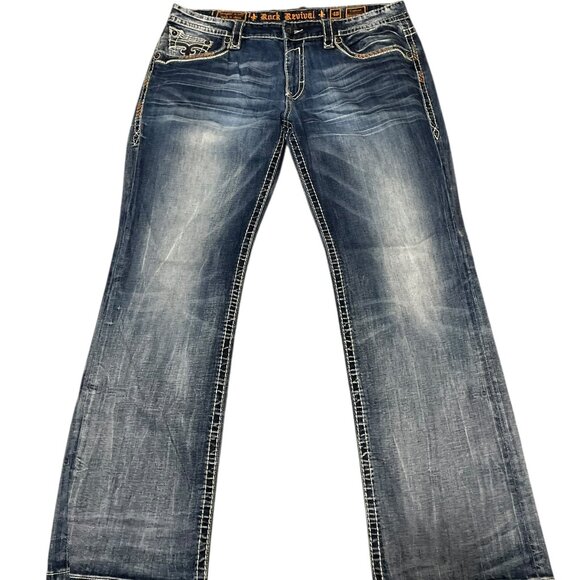 Rock Revival Cepheus Relaxed Straight Jeans  Thick Stitch Embroidered Men’s 40 - Picture 1 of 9